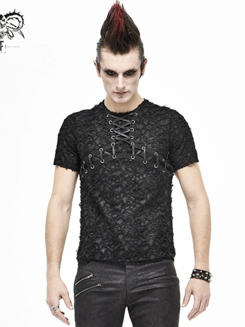 Punk Rave/Devil Fashion Black Gothic Lace-Up Short Sleeve Shirt - Men's 4XL-5XL